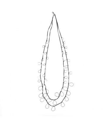 Long faux leather necklace with silver plated drops.