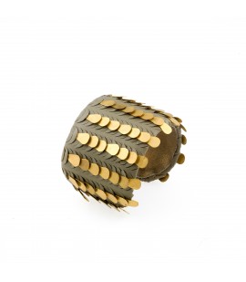 Leather cuff bracelet with gold plated elements.